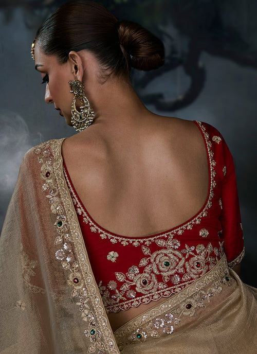 Buy Beige And Red Silk Saree In France