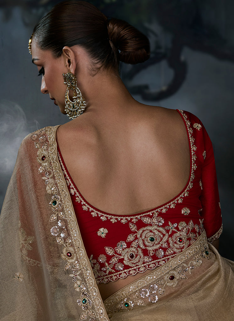 Buy Beige And Red Silk Saree In France
