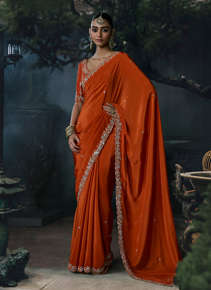 Rust Orange Handwork Embroidered Silk Saree