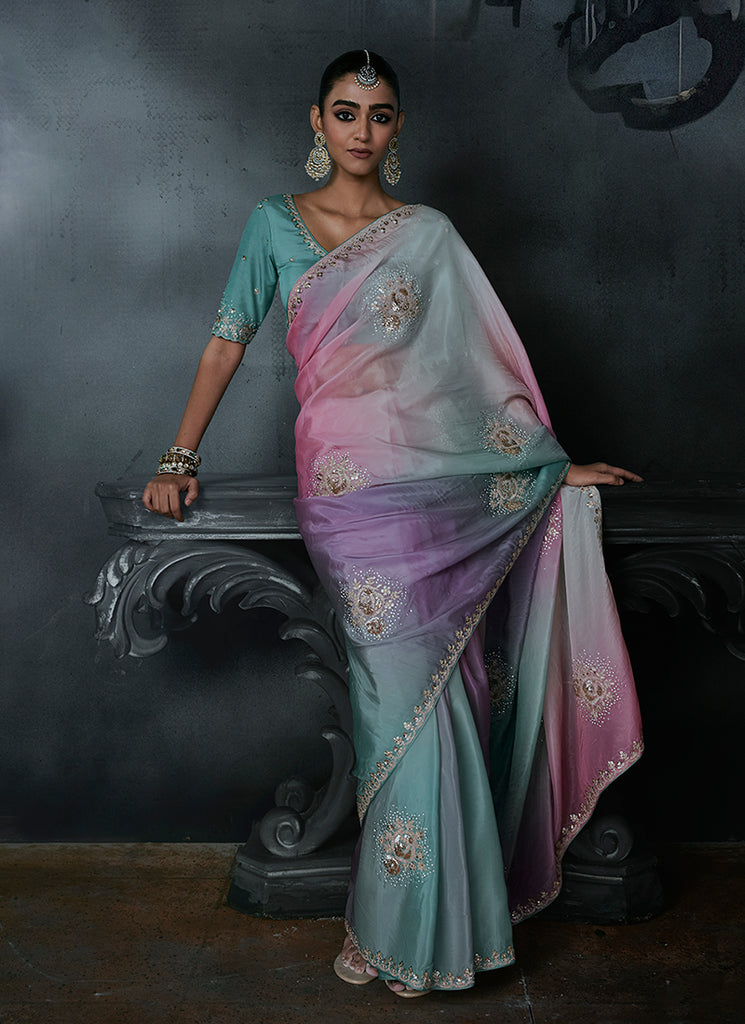 Sky Blue Handwork Embroidered Silk Saree