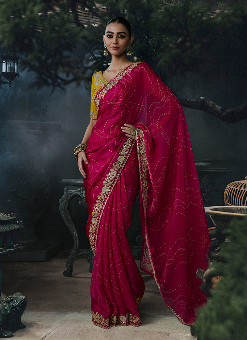 Magenta and Yellow Handwork Embroidered Silk Saree
