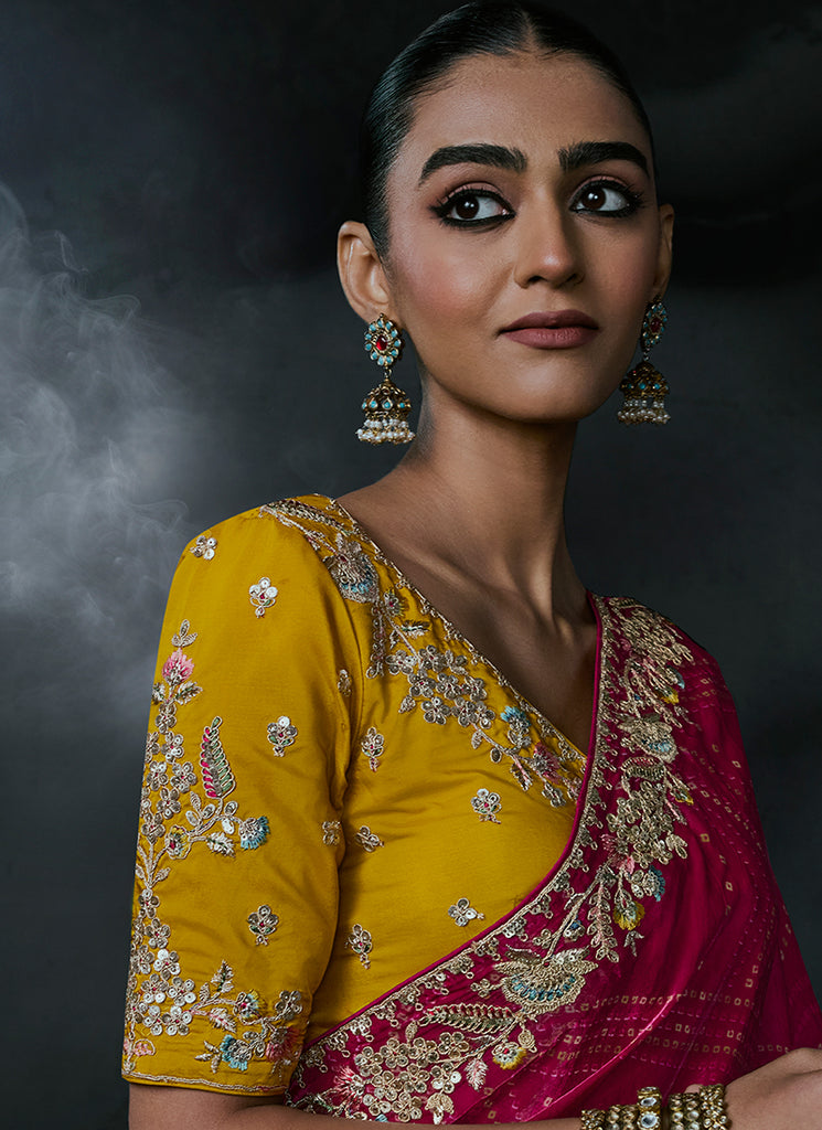 Shop Magenta And Yellow Handwork Saree Online