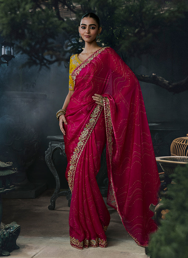 Magenta and Yellow Handwork Embroidered Silk Saree