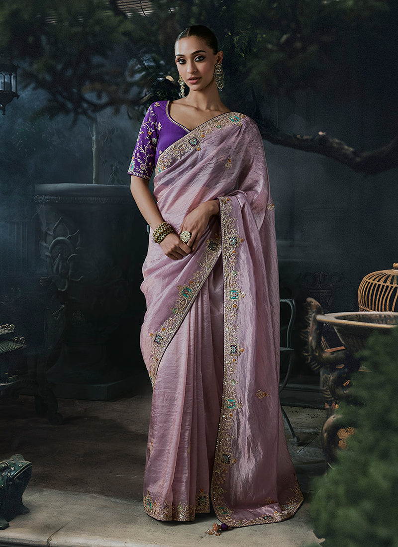 Lilac Purple Handwork Embroidered Silk Saree