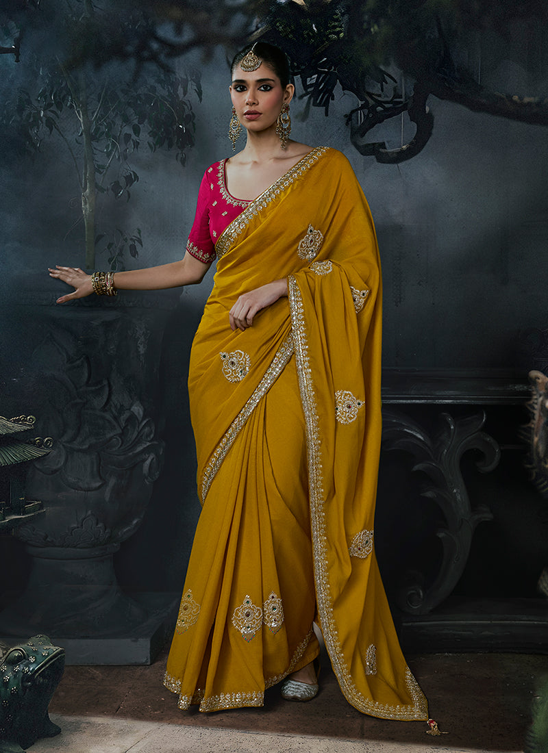 Yellow And Magenta Handwork Embroidered Silk Saree