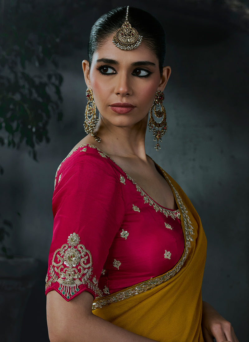 Shop Yellow And Magenta Silk Saree Online