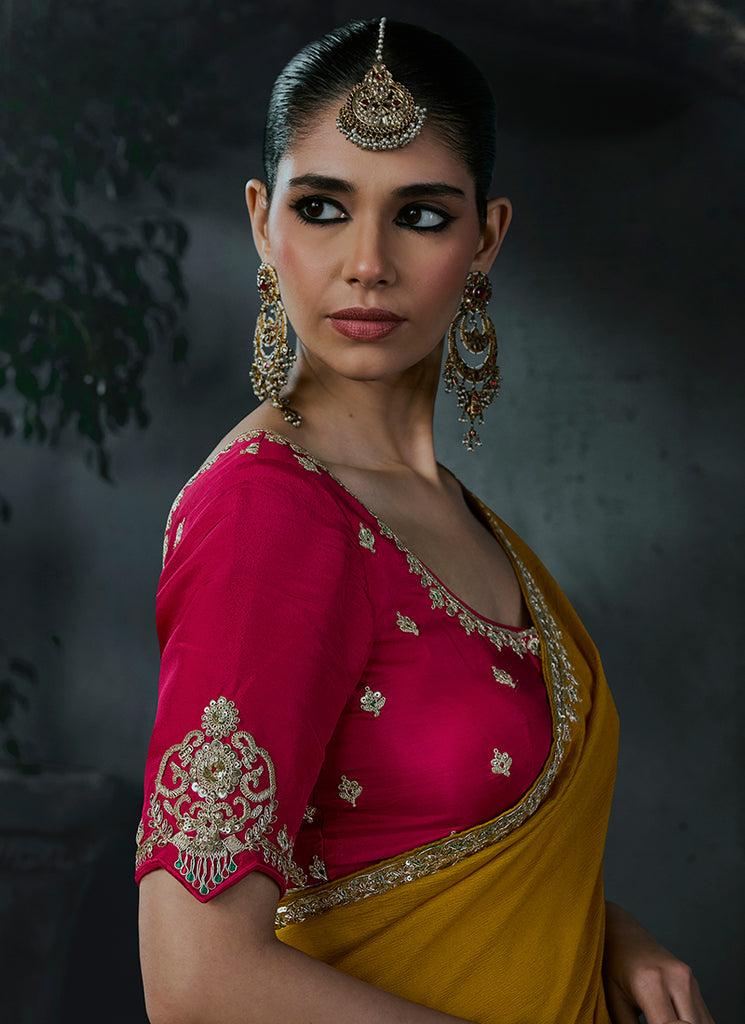 Shop Yellow And Magenta Silk Saree Online