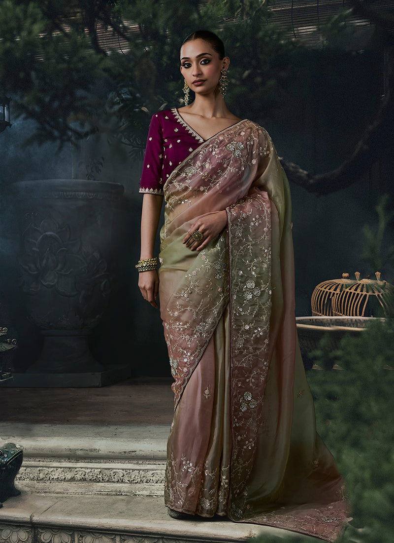 Sage Wine Ombré Handwork Embroidered Silk Saree