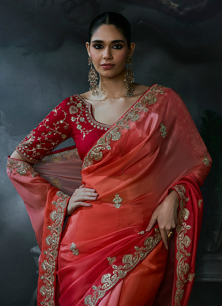 Shop Red Orange Ombré Sari Online