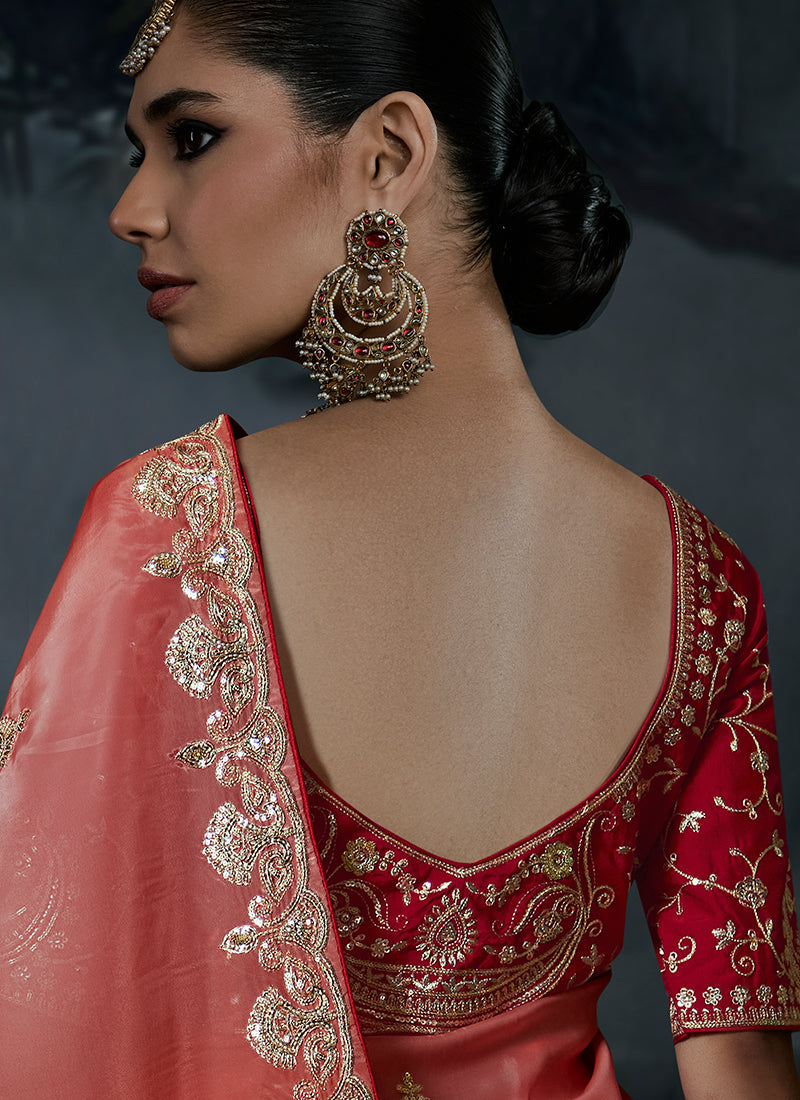Buy Red Orange Ombré Silk Saree In Canada