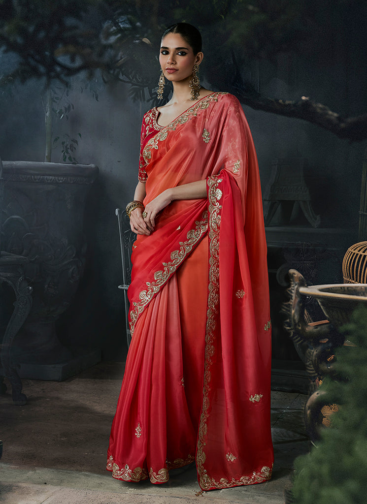 Red Orange Ombré Handwork Embroidered Silk Saree