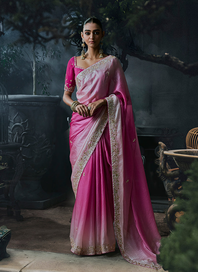 Pink Ombré Handwork Embroidered Silk Saree