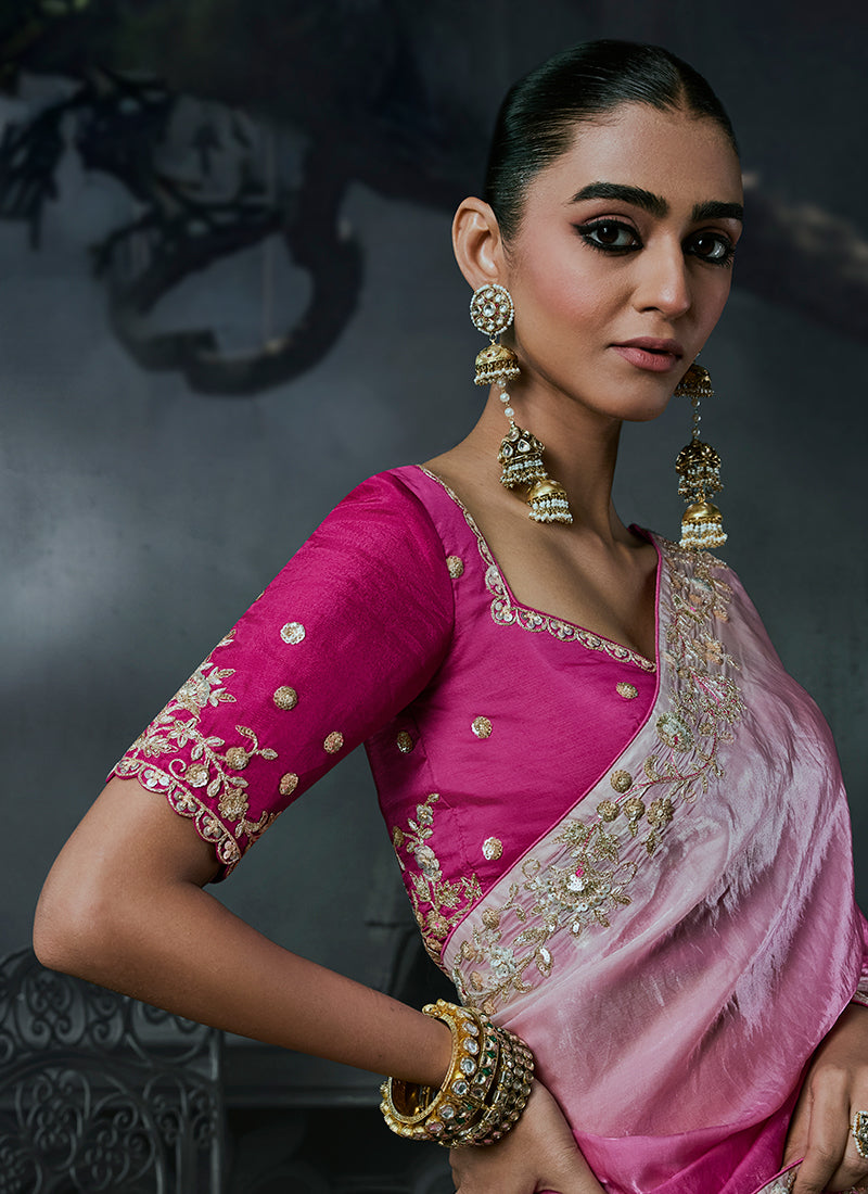 Shop Pink Handwork Silk Sari Online