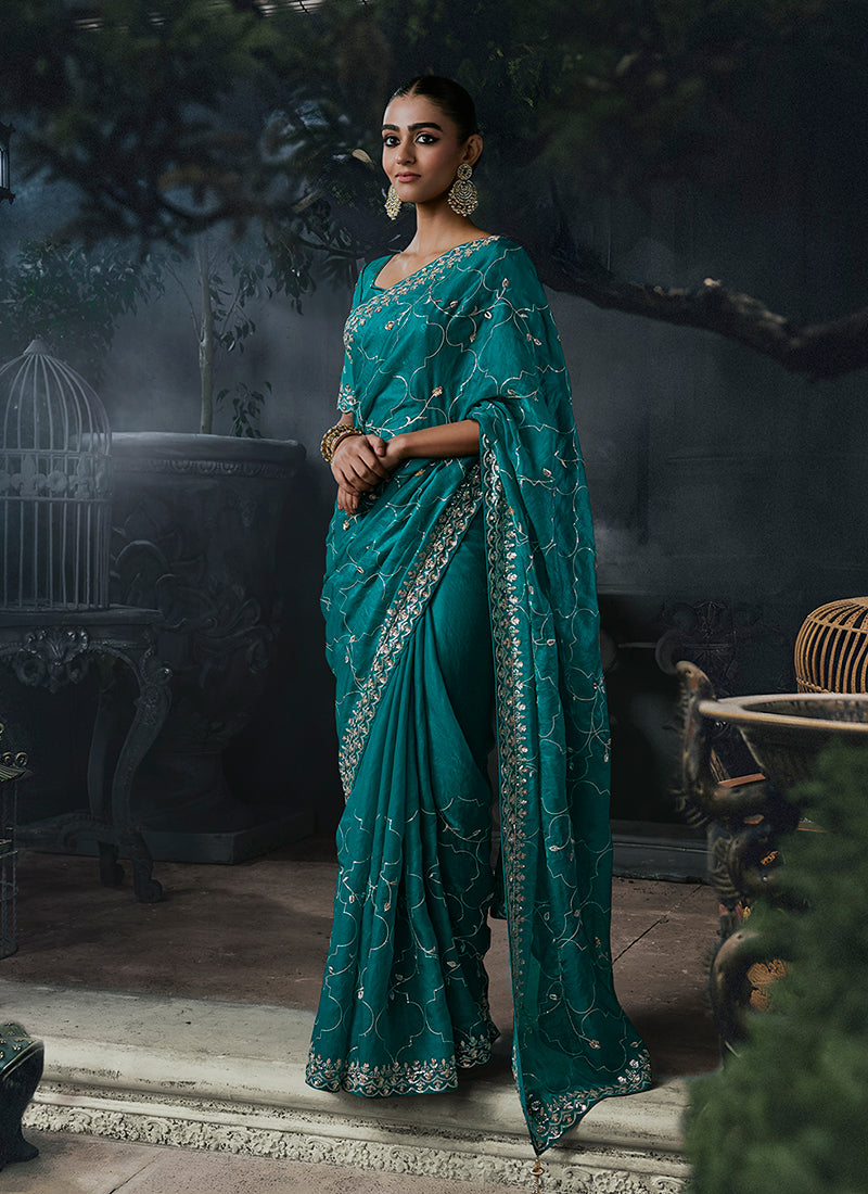Turquoise Handwork Embroidered Silk Saree