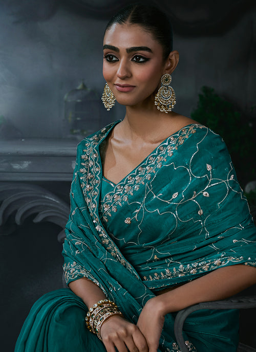 Buy Turquoise Handwork Saree In Australia