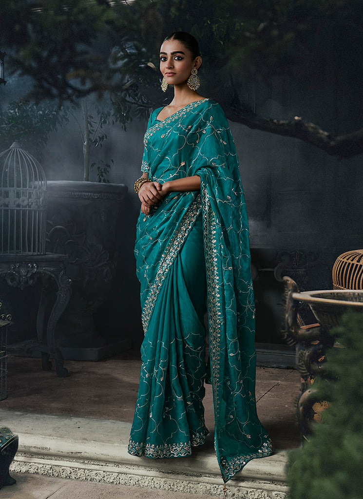 Turquoise Handwork Embroidered Silk Saree