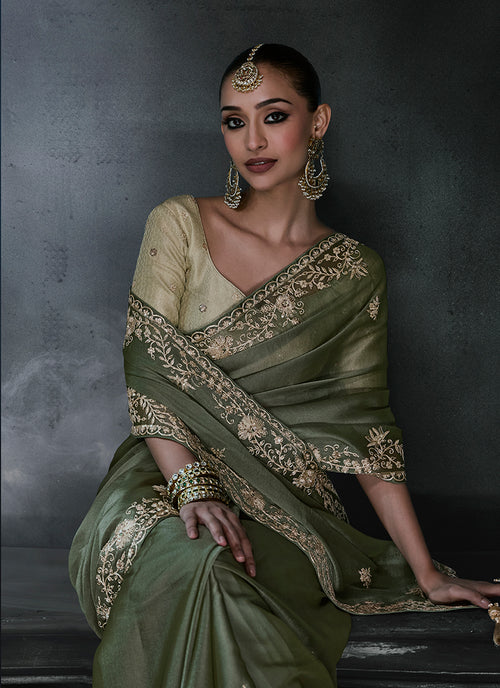 Buy Olive Green Handwork Sari In USA
