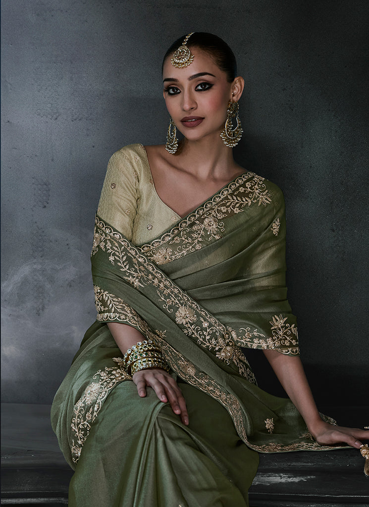Buy Olive Green Handwork Sari In USA