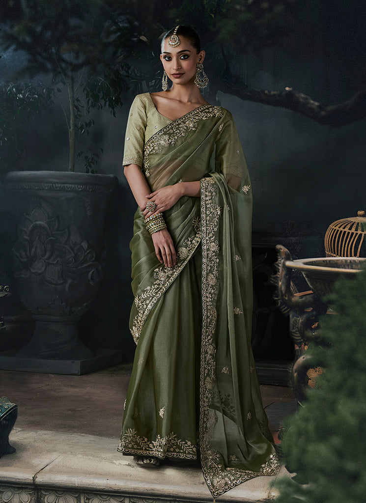 Olive Green Handwork Embroidered Silk Saree