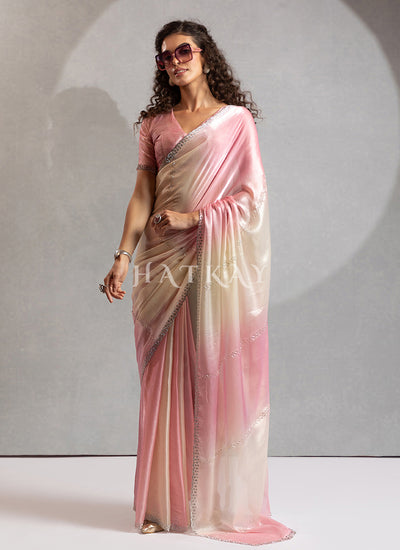 Pink And Cream Silk Saree