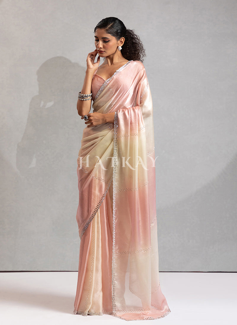 Peach And Cream Embellished Satin Silk Saree