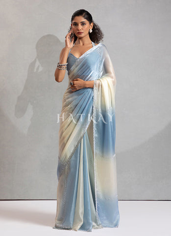 Blue And Cream Embellished Satin Silk Saree
