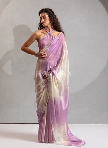 Purple And Cream Embellished Satin Silk Saree