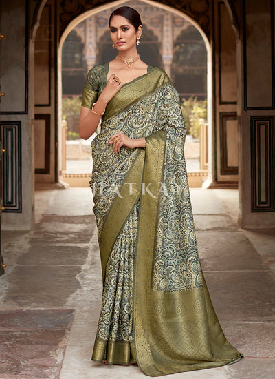 Olive Green Digital Printed Silk Saree
