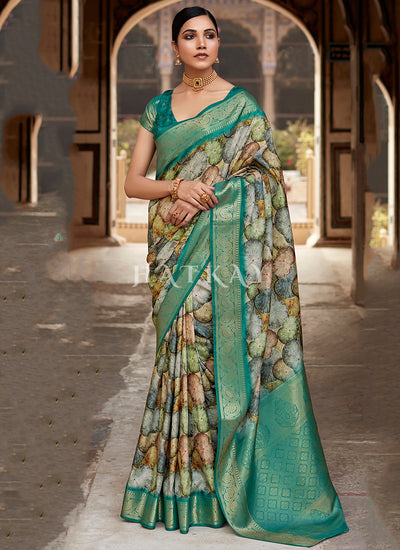 Dark Green Digital Printed Silk Saree