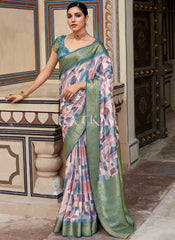 Turquoise Digital Printed Silk Saree