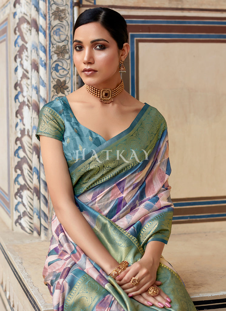 Turquoise Printed Silk Saree