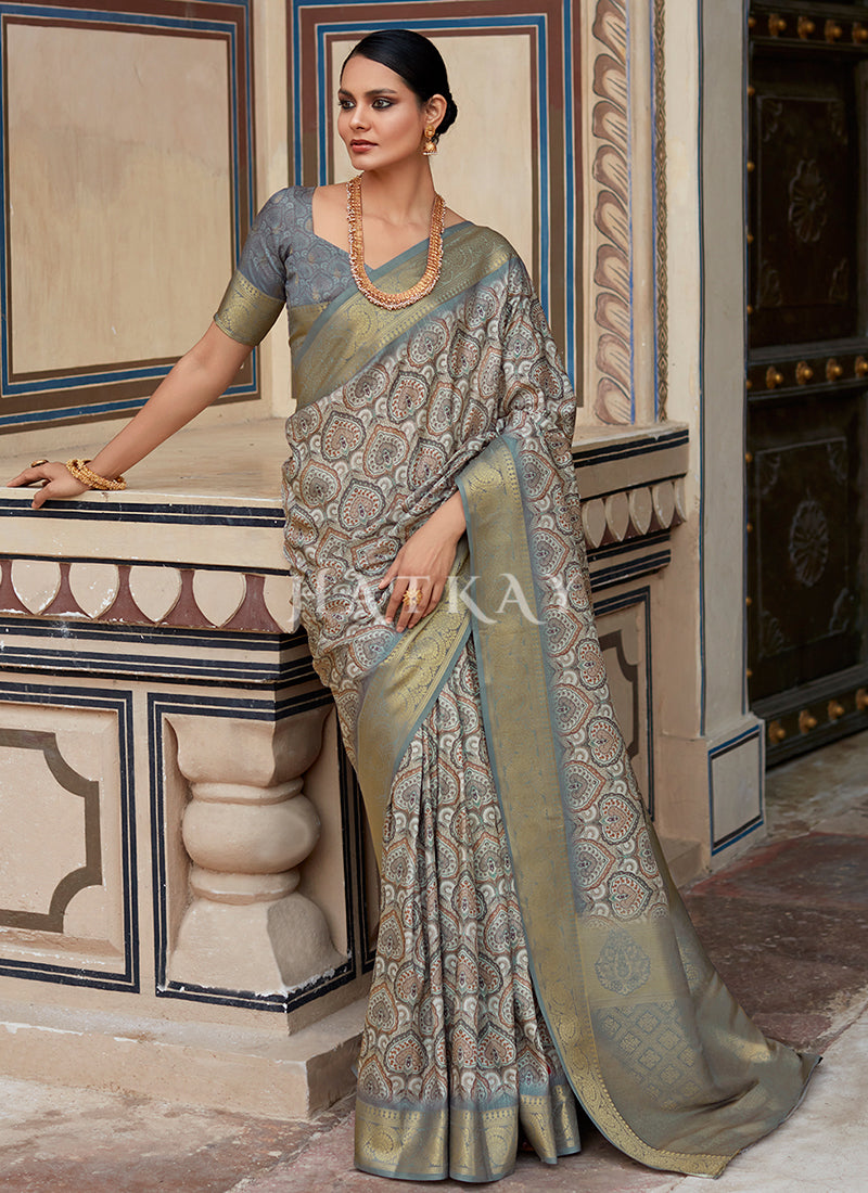 Grey Digital Printed Silk Saree