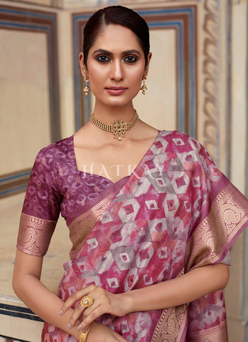 Deep Pink Digital Printed Silk Saree