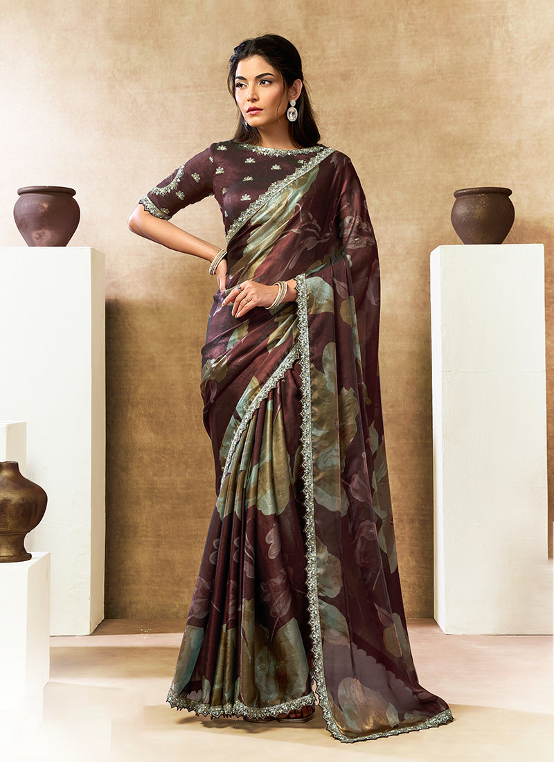 Deep Wine Embroidered Satin Silk Saree