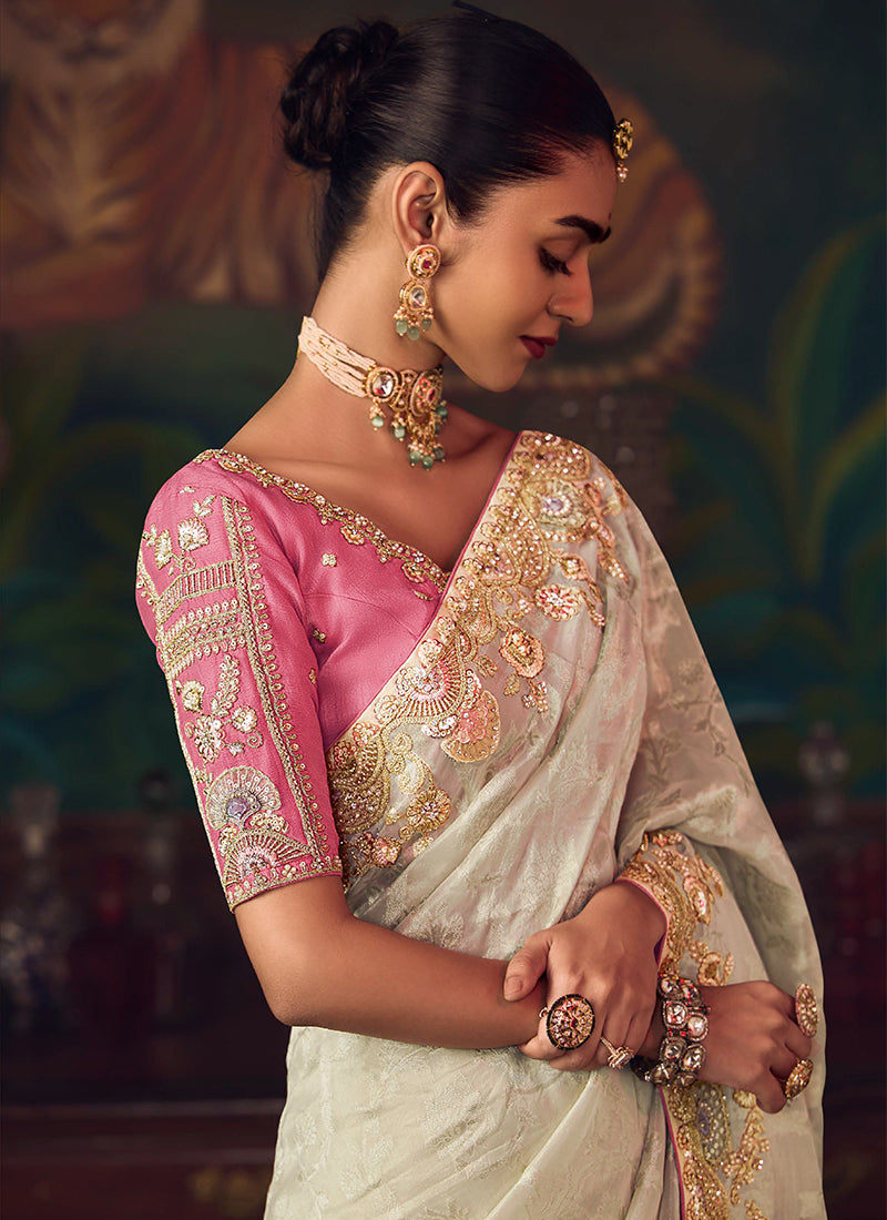 Cream And Pink Embroidered Fancy Silk Saree