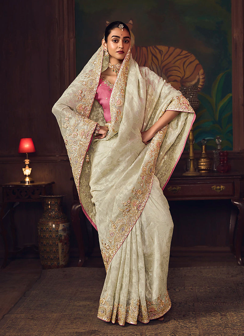 Cream And Pink Embroidered Fancy Silk Saree