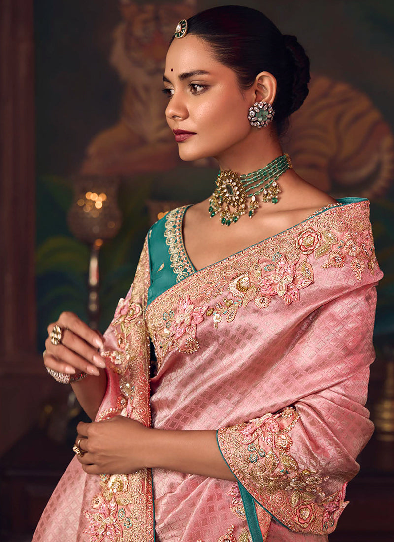 Peach And Teal Embroidered Fancy Silk Saree