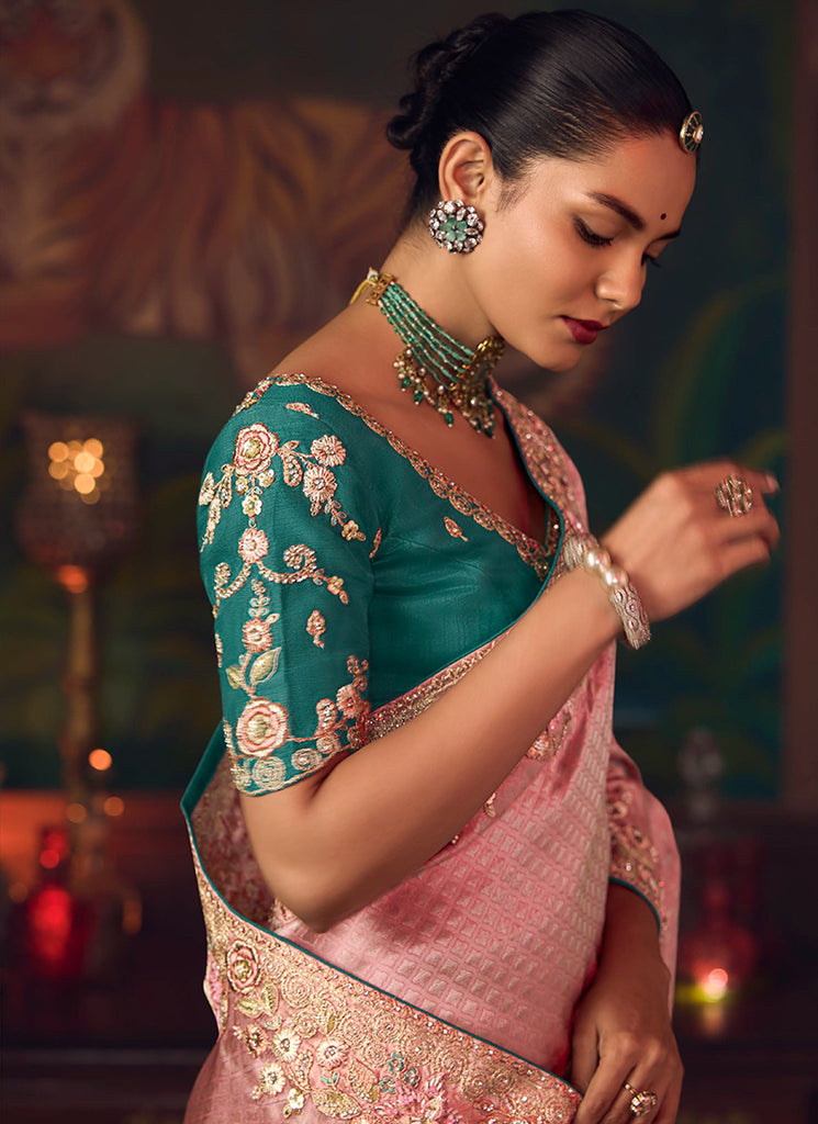 Peach And Teal Embroidered Fancy Silk Saree