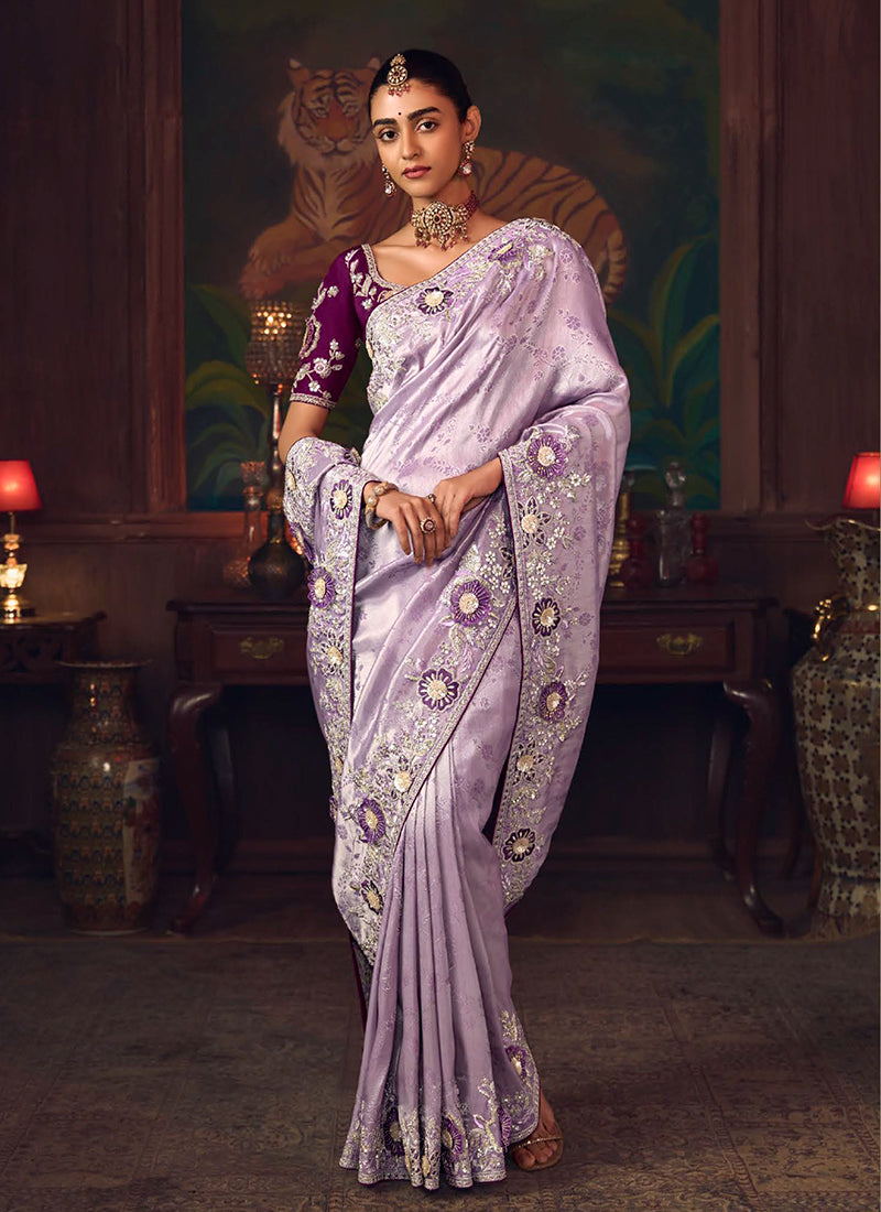 Purple And Wine Embroidered Fancy Silk Saree
