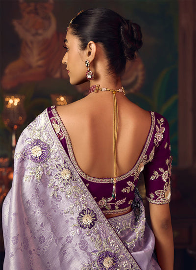 Purple And Wine Embroidered Fancy Silk Saree