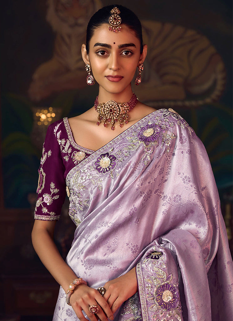Purple And Wine Embroidered Fancy Silk Saree