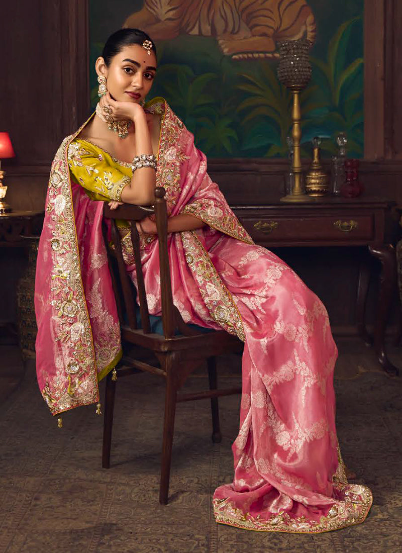 Pink And Yellow Embroidered Fancy Silk Saree