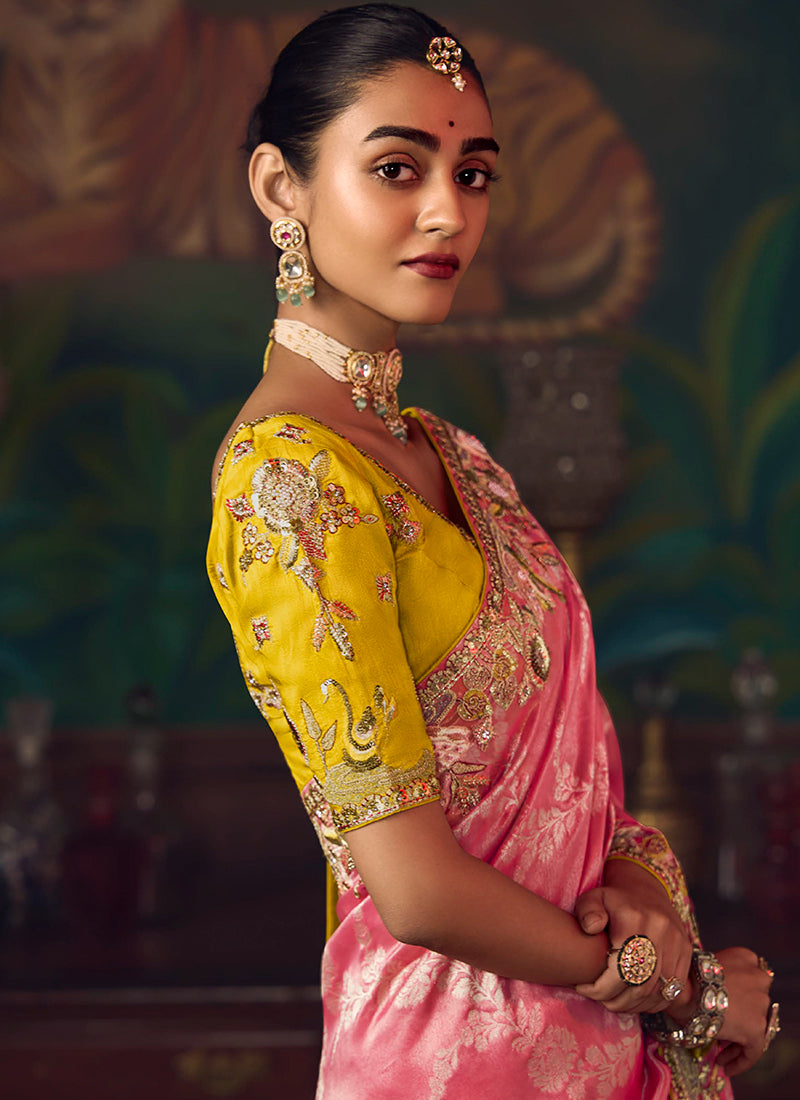 Pink And Yellow Embroidered Fancy Silk Saree