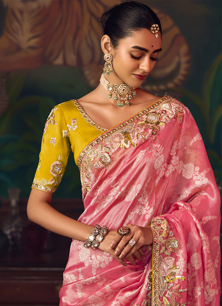 Pink And Yellow Embroidered Fancy Silk Saree