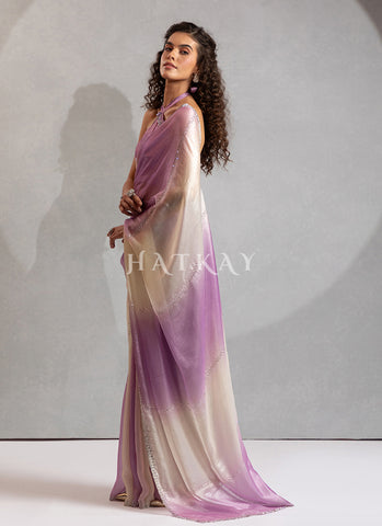 Purple And Cream Embellished Satin Silk Saree