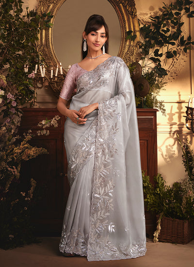 Silver Pink Tissue Silk Saree