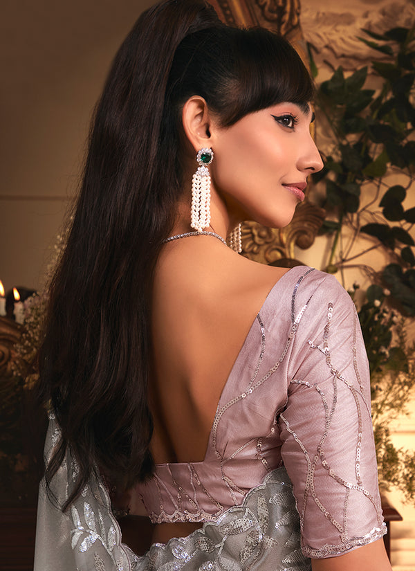 Silver Pink Embroidered Tissue Silk Saree