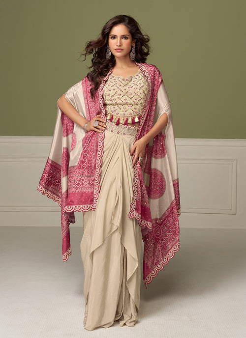Cream Pink Embroidery Drape Skirt Set