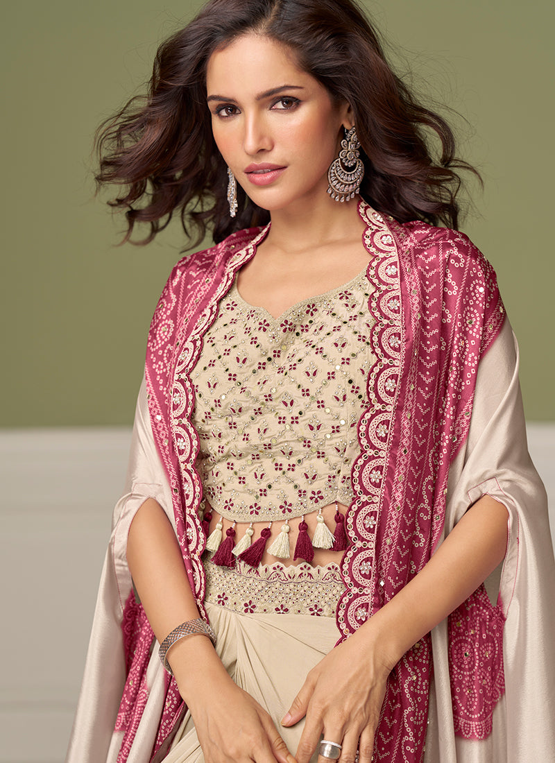 Buy Cream Pink Drape Skirt Set In USA