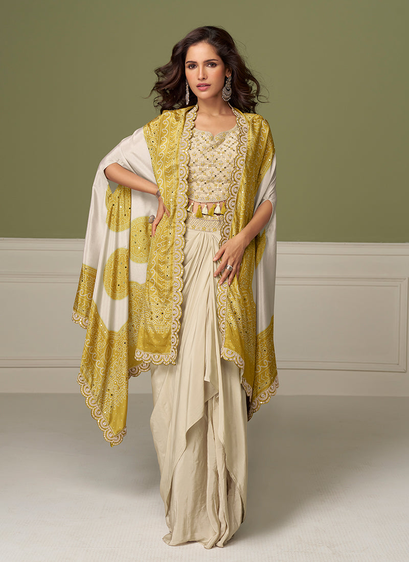 Cream Yellow Embroidery Drape Skirt Set